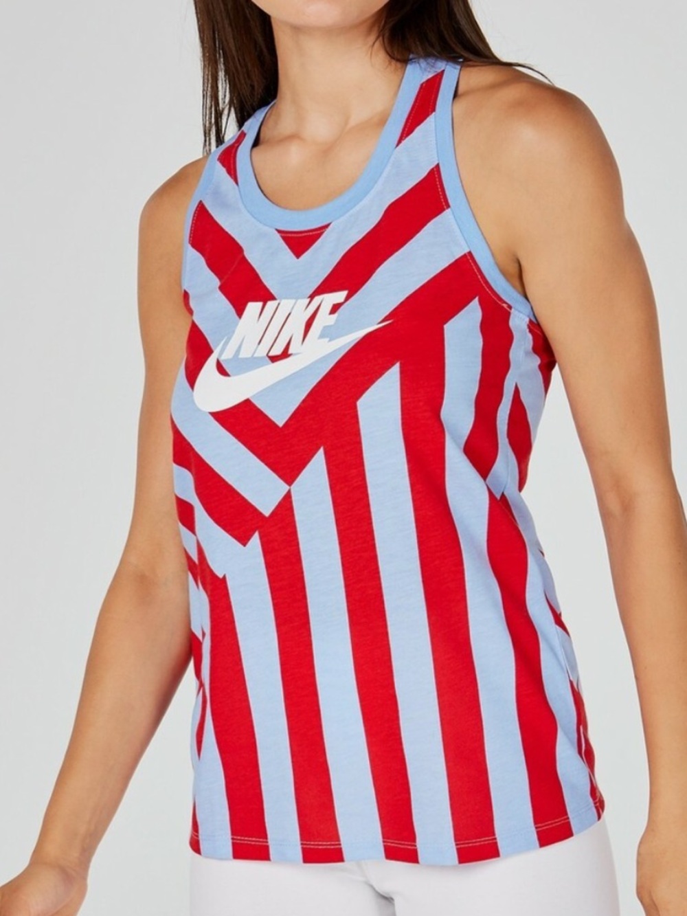 Nike Racerback Tank, size L, red and blue striped, swoosh logo